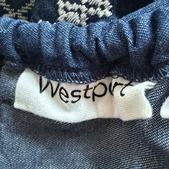 Westport Chambray Embroidered Dress M Blue Off the Shoulder Pockets Cotton - Picture 6 of 10